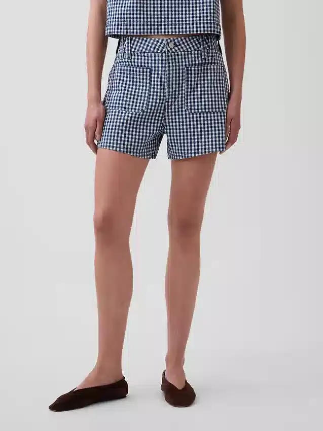 3,5" höga, avslappnade raka jeansshorts i gingham