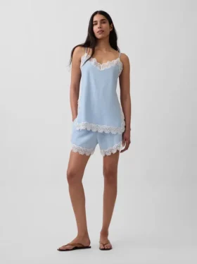 4" Shorts i linneblandning med spetskant och medelhög midja