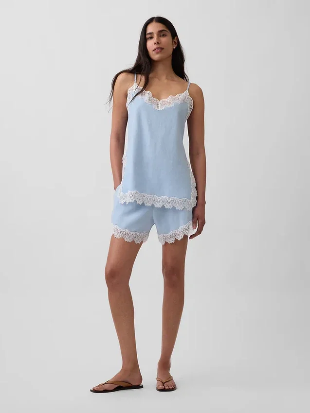 4" Shorts i linneblandning med spetskant och medelhög midja