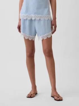 4″ Shorts i linneblandning med spetskant och medelhög midja