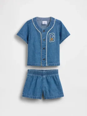 Baby-klädset i denim i varsity-stil