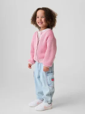 Baby & Småbarn-jeans i jordgubbsmönster med dragkedja och cargofickor