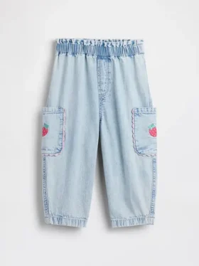 Baby & Småbarn-jeans i jordgubbsmönster med dragkedja och cargofickor