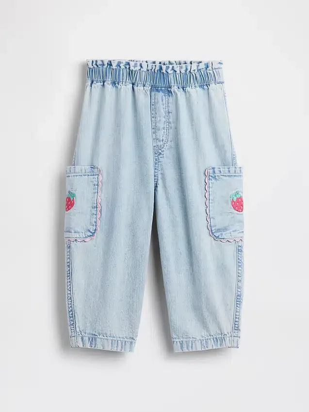 Baby & Småbarn-jeans i jordgubbsmönster med dragkedja och cargofickor