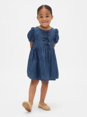 Baby & Småbarns denim-klänning med puffärmar och rosett