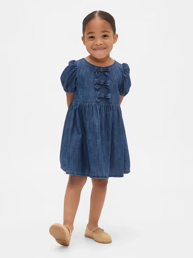 Baby & Småbarns denim-klänning med puffärmar och rosett
