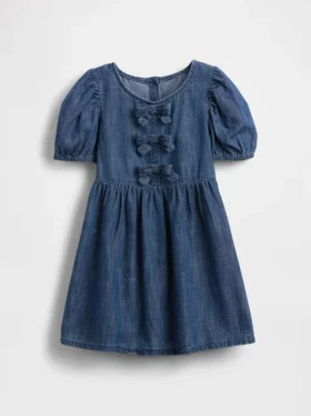 Baby & Småbarns denim-klänning med puffärmar och rosett