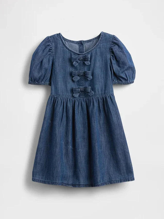 Baby & Småbarns denim-klänning med puffärmar och rosett