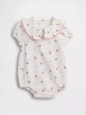 Babybodysuit i bomullsgasväv med blommönster och krage