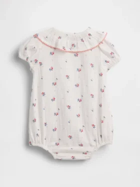 Babybodysuit i bomullsgasväv med blommönster och krage