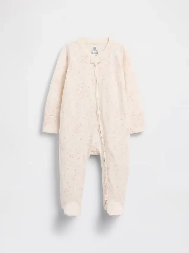Babyheldress i ekologisk bomull med blommönster och fötter