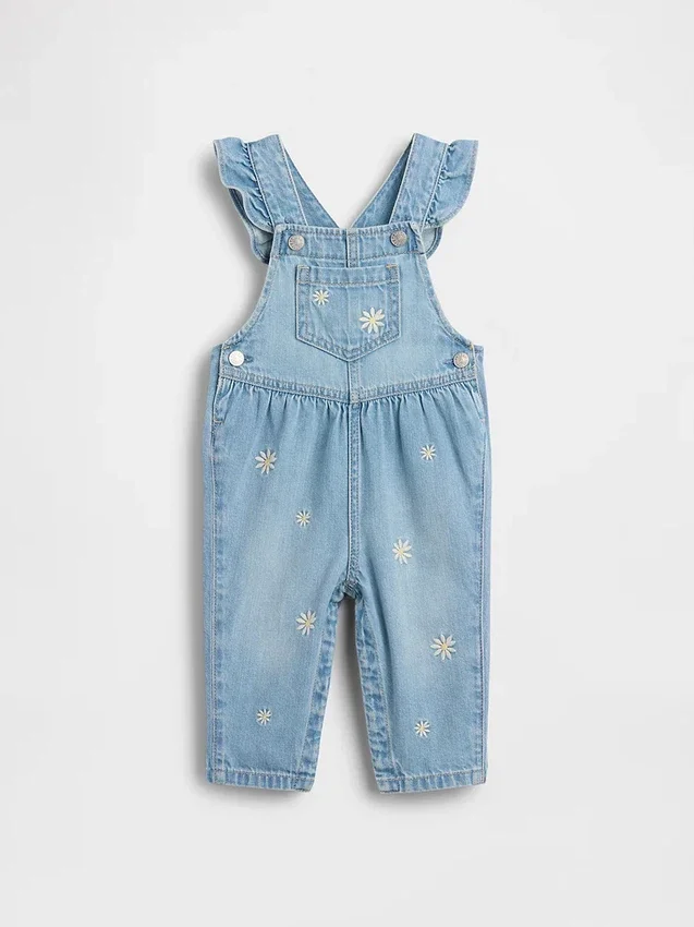 Babyoverall i denim med broderade blommor