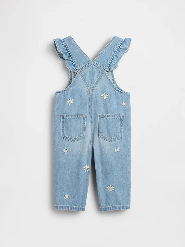 Babyoverall i denim med broderade blommor