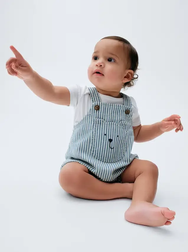 Babyoverall i denim med ränder och björnficka
