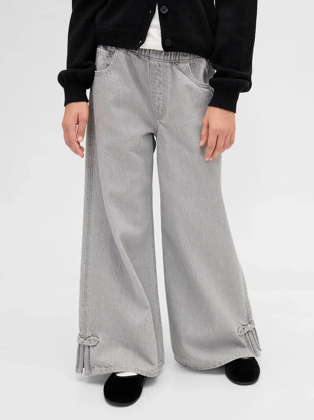 Baggy-jeans för barn med låg midja, rosett och delad fåll