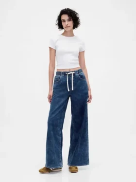 Baggy-jeans i stickad denim med medelhög midja
