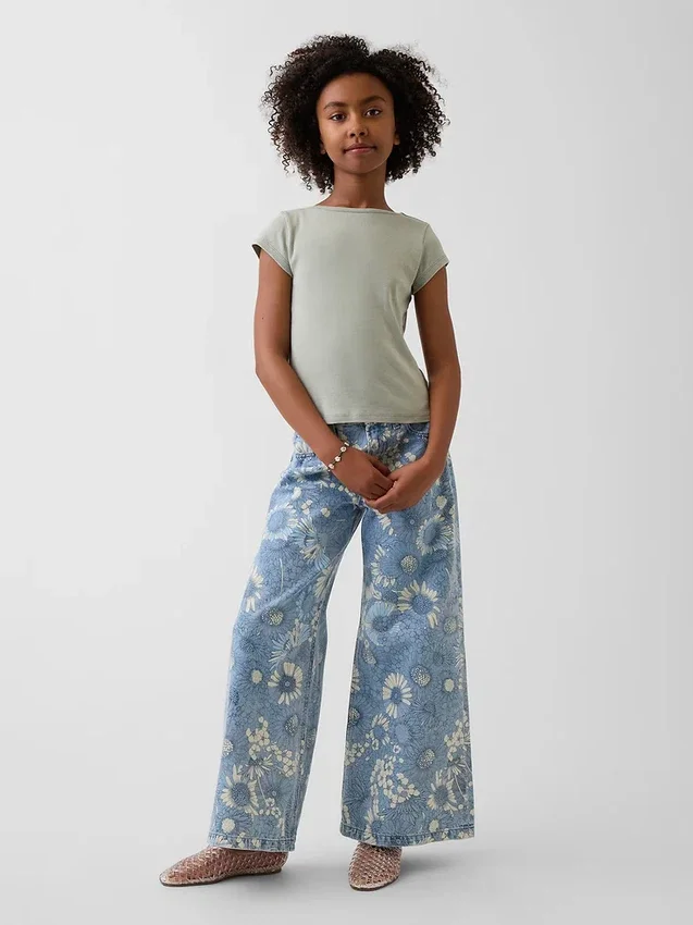 Baggy-jeans med låg midja och blommönster för barn