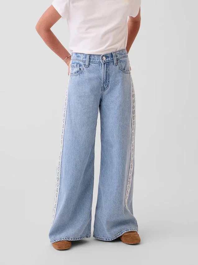 Baggy-jeans med låg midja och spetskant för barn