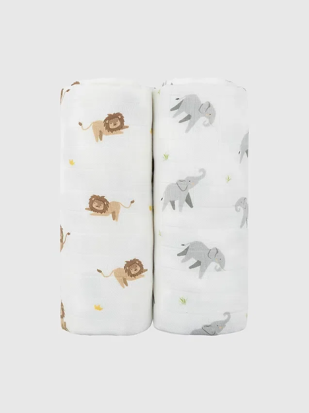 Bamboo Little Lion and Elephant Swaddle Set