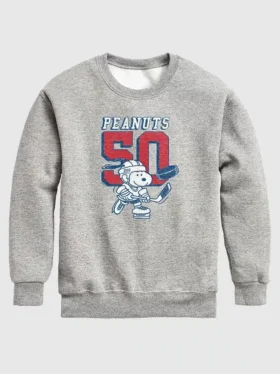 Barn-fleece-tröja med rund hals och Peanuts-Snoopy-hockeymotiv