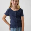 Barn-T-shirt i pointelle-ribb med knappar fram
