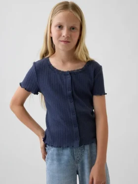 Barn-T-shirt i pointelle-ribb med knappar fram