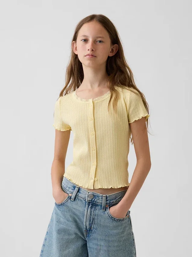 Barn-T-shirt i pointelle-ribb med knappar fram