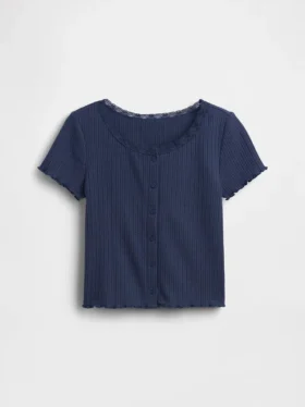 Barn-T-shirt i pointelle-ribb med knappar fram