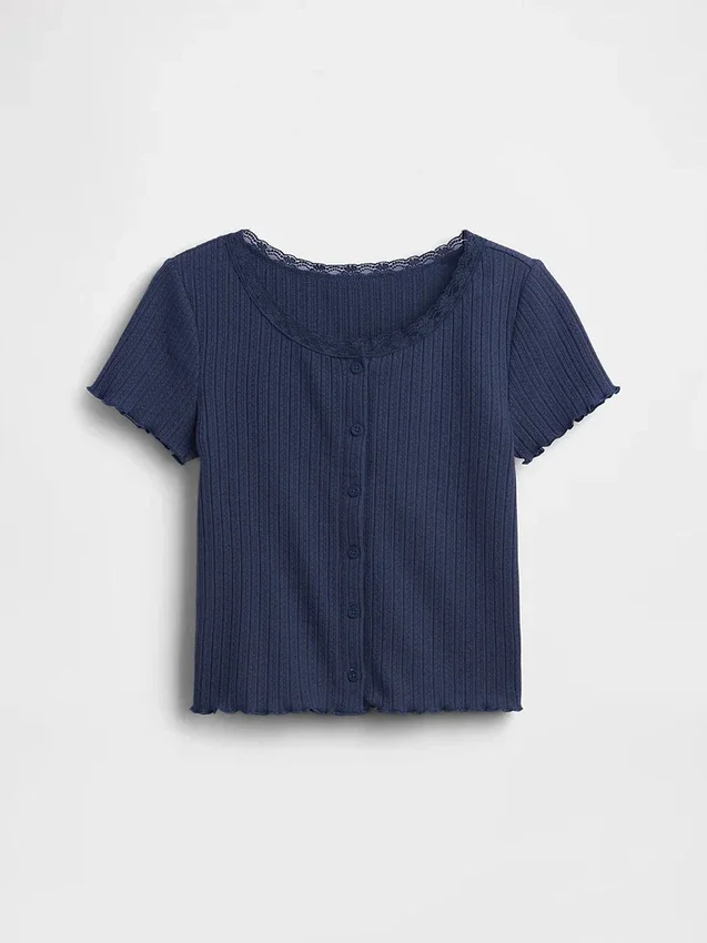 Barn-T-shirt i pointelle-ribb med knappar fram