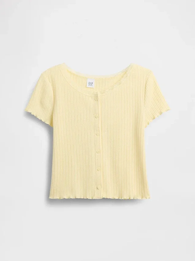 Barn-T-shirt i pointelle-ribb med knappar fram