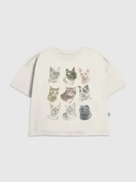 Barn-t-shirt med kattansiktsmotiv