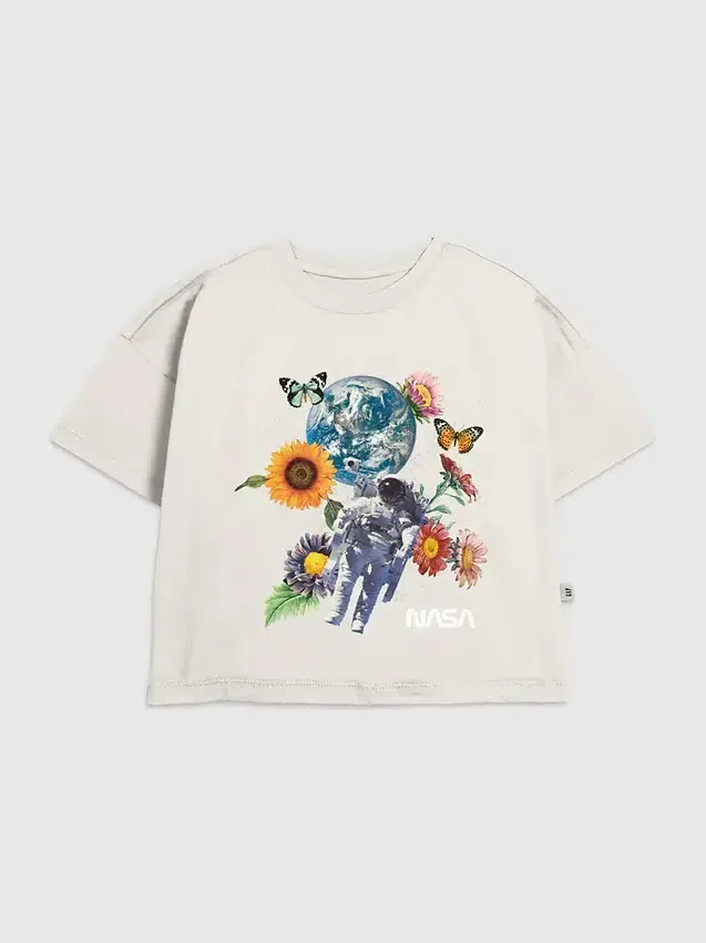 Barn-t-shirt med NASA-rymdmotiv och blommönster
