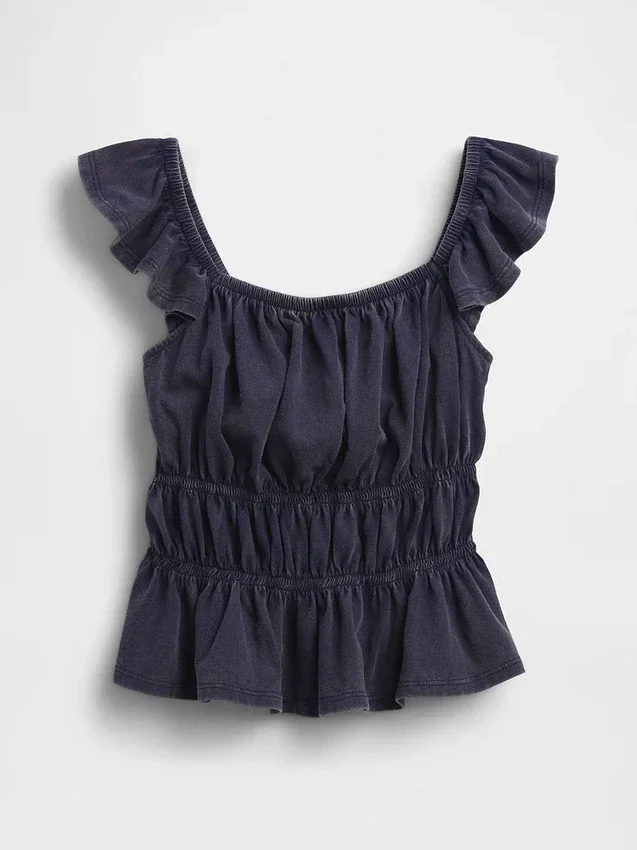 Barn-top med fladdrande ärmar, smockad midja och peplum