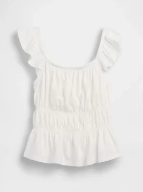 Barn-top med fladdrande ärmar, smockad midja och peplum