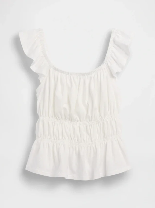 Barn-top med fladdrande ärmar, smockad midja och peplum