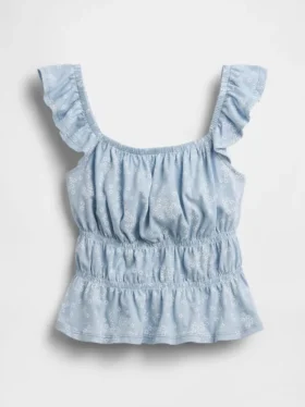 Barn-top med fladdrande ärmar, smockad midja och peplum
