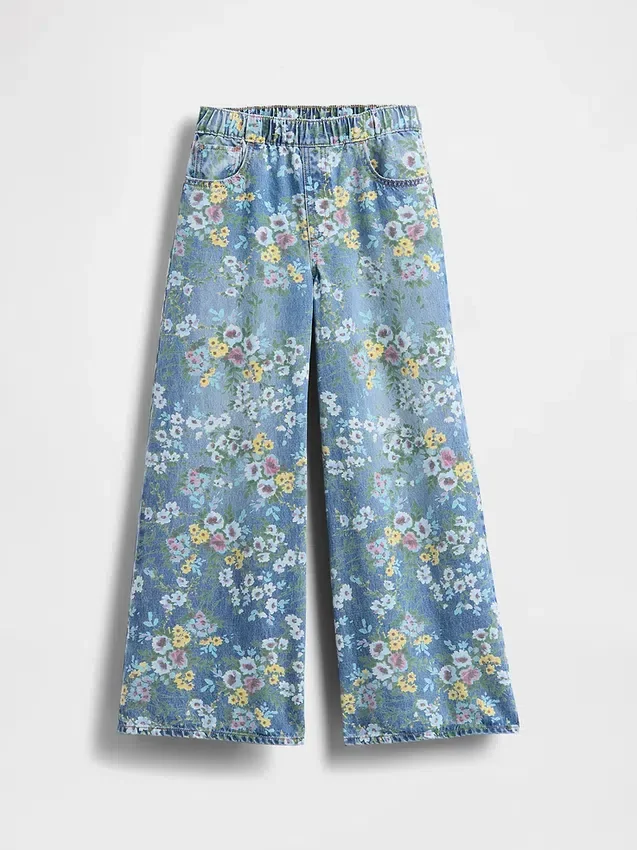 Barnjeans med blommönster i lös passform