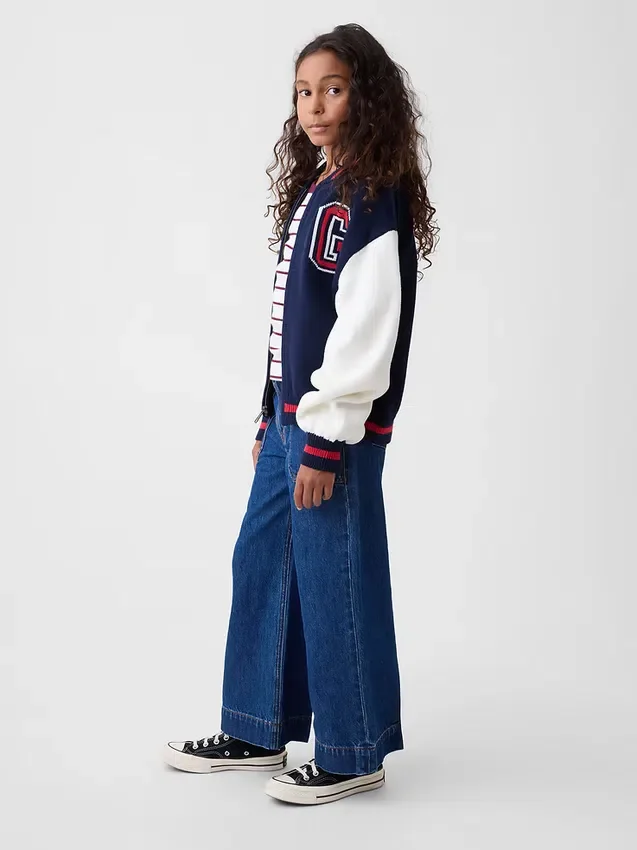 Barnjeans med hög midja, vid ben och ankellängd