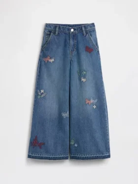Barnjeans med låg midja, broderade och baggy