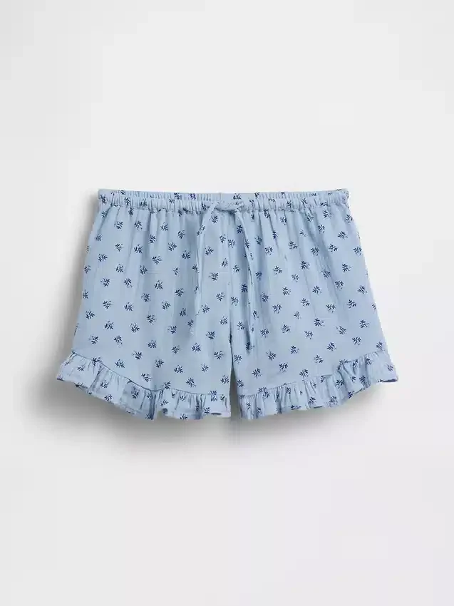 Barnshorts i bomullsgasväv med volanger