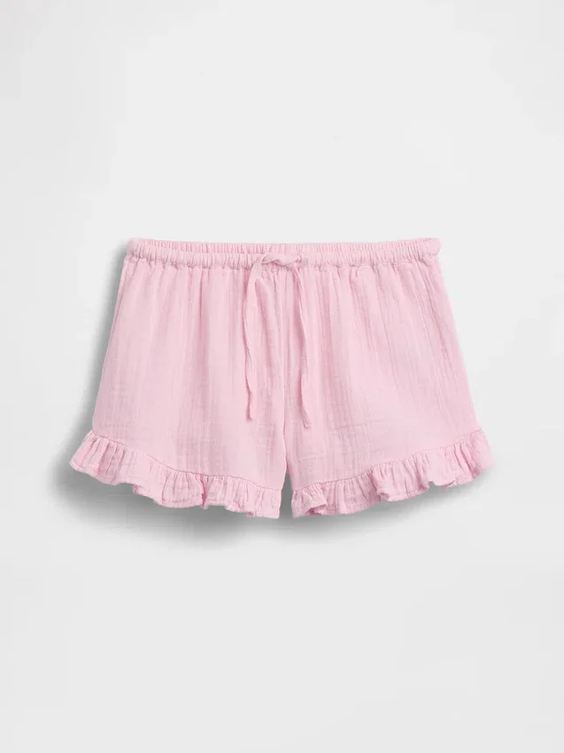 Barnshorts i bomullsgasväv med volanger