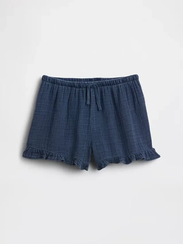 Barnshorts i bomullsgasväv med volanger