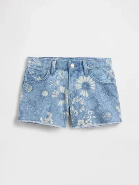 Barnshorts i denim med låg midja och blommönster