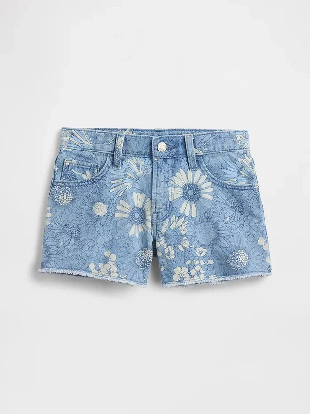 Barnshorts i denim med låg midja och blommönster
