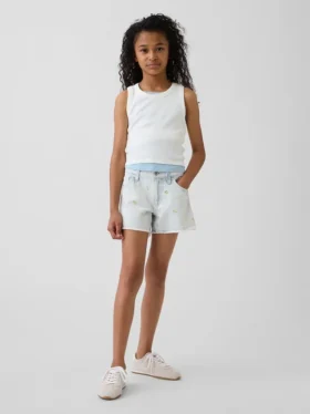 Barnshorts i låg midja med broderat citronmönster i denim