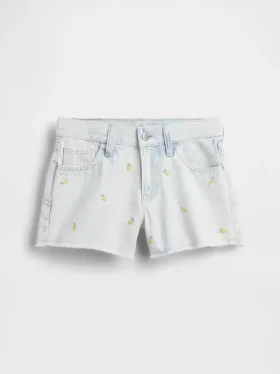 Barnshorts i låg midja med broderat citronmönster i denim