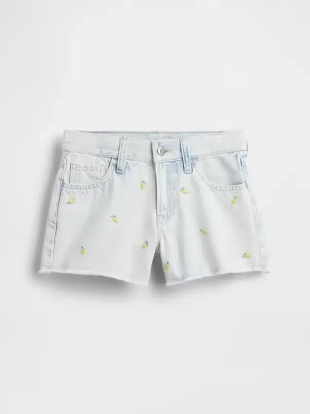 Barnshorts i låg midja med broderat citronmönster i denim