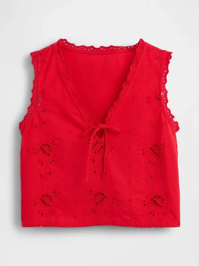 Broderad kort topp i linneblandning
