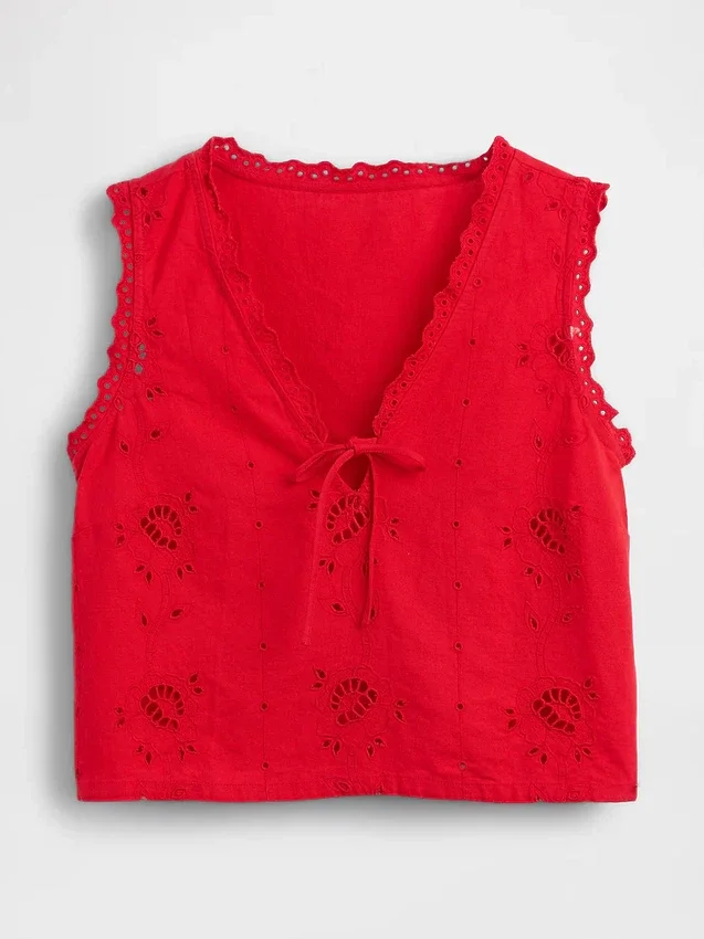Broderad kort topp i linneblandning