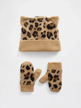 CashSoft-set med leopardmönstrad mössa och vantar för Baby & Småbarn